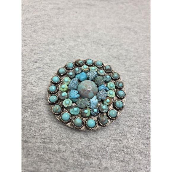 Vintage Zuni Navajo Turquoise Cluster Womens Heavy Circular Belt Buckle Rare main image 5